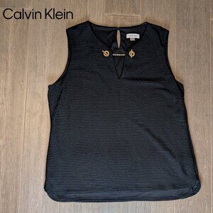 Calvin Klein, Textured Tank Blouse, Gold Chain Clasp, Black, Sz XL